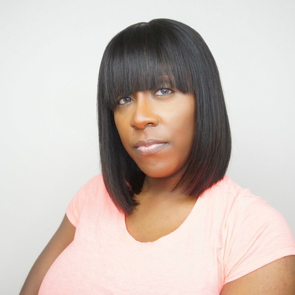 Black Bob w/ China Bangs Lace Front Human Hair Wig - Picture 2 of 5